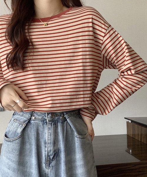 Chaco closet(チャコ クローゼット)の「ボーダーリンガーロンT(Tシャツ/カットソー・レディース・レッド/ブラウン/イエロー/ブラック/ブラック系その他・FREE)」の5枚目の写真