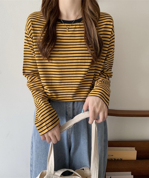 Chaco closet(チャコ クローゼット)の「ボーダーリンガーロンT(Tシャツ/カットソー・レディース・レッド/ブラウン/イエロー/ブラック/ブラック系その他・FREE)」の10枚目の写真