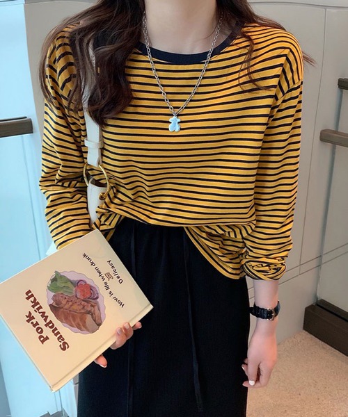 Chaco closet(チャコ クローゼット)の「ボーダーリンガーロンT(Tシャツ/カットソー・レディース・レッド/ブラウン/イエロー/ブラック/ブラック系その他・FREE)」の15枚目の写真
