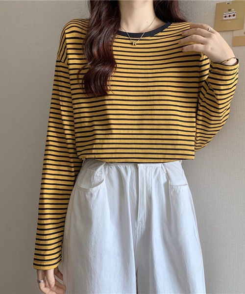 Chaco closet(チャコ クローゼット)の「ボーダーリンガーロンT(Tシャツ/カットソー・レディース・レッド/ブラウン/イエロー/ブラック/ブラック系その他・FREE)」の14枚目の写真