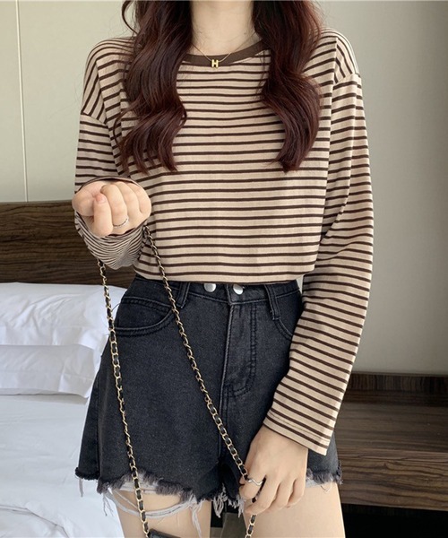 Chaco closet(チャコ クローゼット)の「ボーダーリンガーロンT(Tシャツ/カットソー・レディース・レッド/ブラウン/イエロー/ブラック/ブラック系その他・FREE)」の11枚目の写真