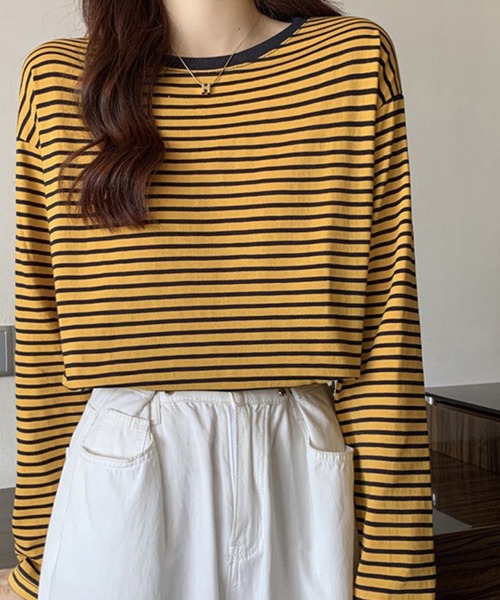 Chaco closet(チャコ クローゼット)の「ボーダーリンガーロンT(Tシャツ/カットソー・レディース・レッド/ブラウン/イエロー/ブラック/ブラック系その他・FREE)」の9枚目の写真