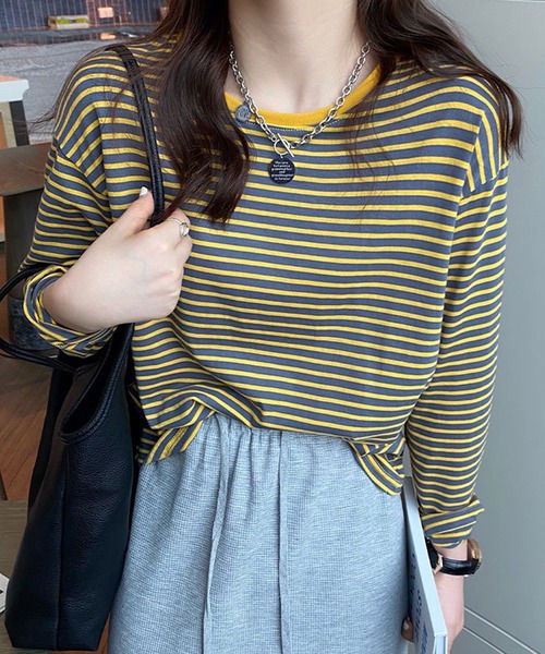 Chaco closet(チャコ クローゼット)の「ボーダーリンガーロンT(Tシャツ/カットソー・レディース・レッド/ブラウン/イエロー/ブラック/ブラック系その他・FREE)」の12枚目の写真