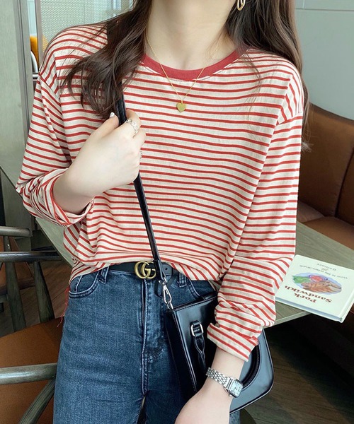Chaco closet(チャコ クローゼット)の「ボーダーリンガーロンT(Tシャツ/カットソー・レディース・レッド/ブラウン/イエロー/ブラック/ブラック系その他・FREE)」の13枚目の写真
