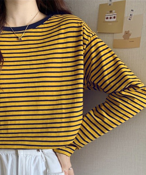 Chaco closet(チャコ クローゼット)の「ボーダーリンガーロンT(Tシャツ/カットソー・レディース・レッド/ブラウン/イエロー/ブラック/ブラック系その他・FREE)」の7枚目の写真