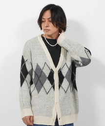 モヘアタッチニットカーディガン モヘア調ニット チェッカー柄 チェック柄 XL SUGGESTION 【20%OFFセール】 モヘアタッチ チェッカー柄 ニット