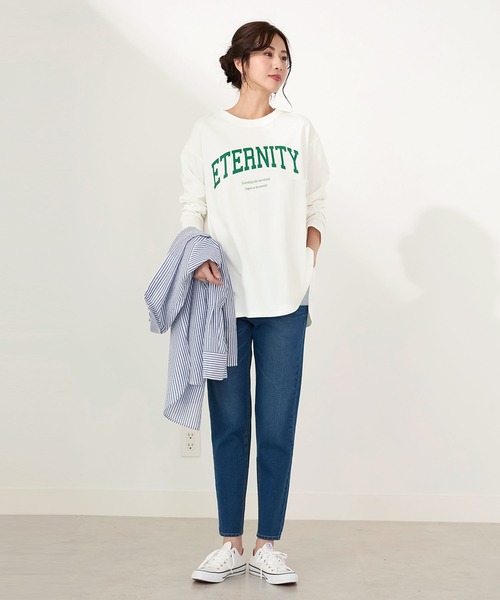 CHAN ME(チャンミ)の「綿100%カレッジロゴラウンドヘムオーバーTシャツ(Tシャツ/カットソー・レディース・グリーン系その他/ブラック/ホワイト・MEDIUM/LARGE/X-LARGE)」の7枚目の写真