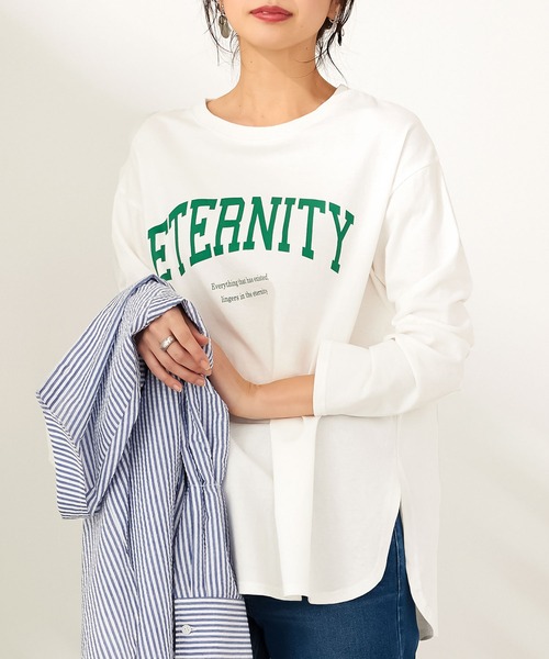 CHAN ME(チャンミ)の「綿100%カレッジロゴラウンドヘムオーバーTシャツ(Tシャツ/カットソー・レディース・グリーン系その他/ブラック/ホワイト・MEDIUM/LARGE/X-LARGE)」の8枚目の写真