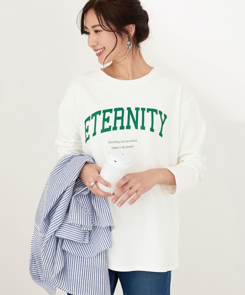 CHAN ME(チャンミ)の「綿100%カレッジロゴラウンドヘムオーバーTシャツ(Tシャツ/カットソー・レディース・グリーン系その他/ブラック/ホワイト・MEDIUM/LARGE/X-LARGE)」の5枚目の写真