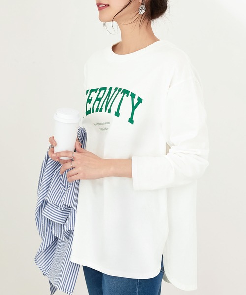 CHAN ME(チャンミ)の「綿100%カレッジロゴラウンドヘムオーバーTシャツ(Tシャツ/カットソー・レディース・グリーン系その他/ブラック/ホワイト・MEDIUM/LARGE/X-LARGE)」の9枚目の写真