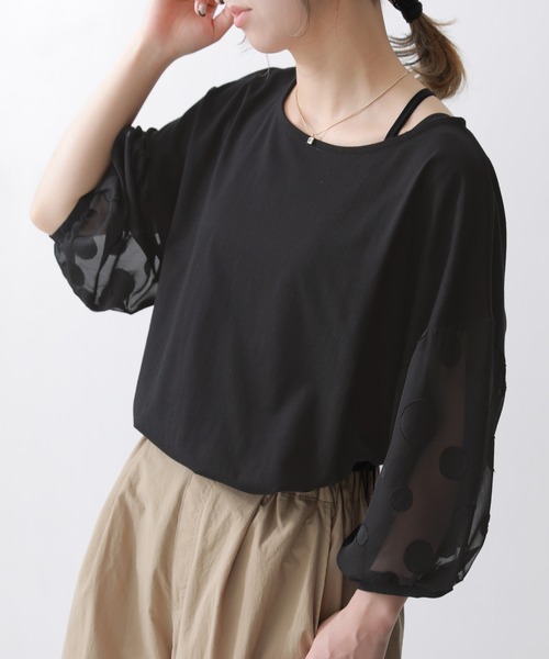 n'OrLABEL(ノアールレーベル)の「ドット柄シアー袖カットソー(Tシャツ/カットソー・レディース・グレイッシュベージュ/グレイッシュブルー/ブラック/オフホワイト/ネイビー・FREE)」の3枚目の写真