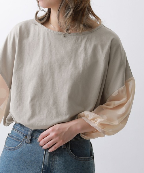 n'OrLABEL(ノアールレーベル)の「ドット柄シアー袖カットソー(Tシャツ/カットソー・レディース・グレイッシュベージュ/グレイッシュブルー/ブラック/オフホワイト/ネイビー・FREE)」の21枚目の写真