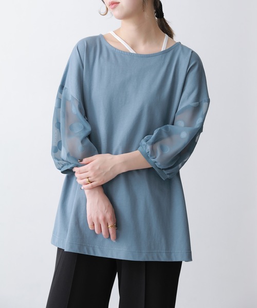 n'OrLABEL(ノアールレーベル)の「ドット柄シアー袖カットソー(Tシャツ/カットソー・レディース・グレイッシュベージュ/グレイッシュブルー/ブラック/オフホワイト/ネイビー・FREE)」の10枚目の写真
