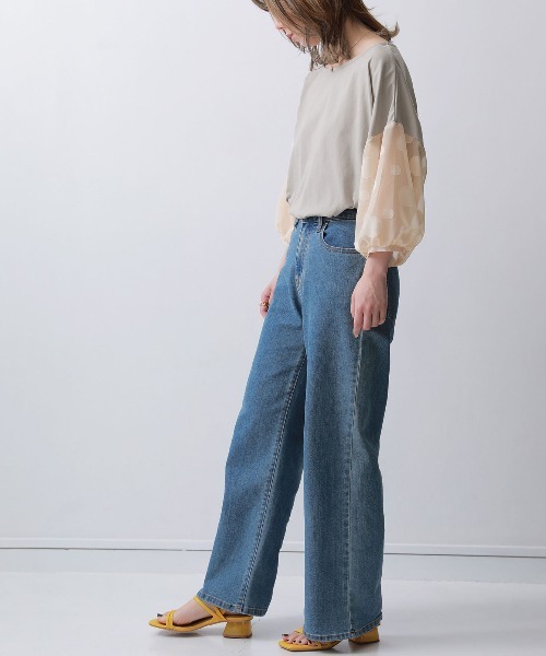 n'OrLABEL(ノアールレーベル)の「ドット柄シアー袖カットソー(Tシャツ/カットソー・レディース・グレイッシュベージュ/グレイッシュブルー/ブラック/オフホワイト/ネイビー・FREE)」の16枚目の写真