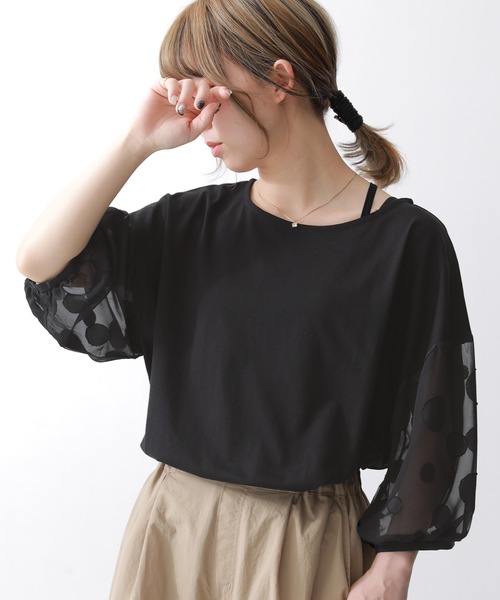 n'OrLABEL(ノアールレーベル)の「ドット柄シアー袖カットソー(Tシャツ/カットソー・レディース・グレイッシュベージュ/グレイッシュブルー/ブラック/オフホワイト/ネイビー・FREE)」の22枚目の写真