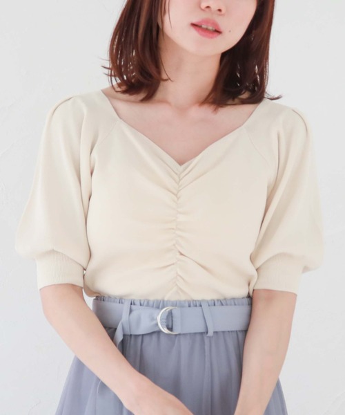 archives（アルシーヴ）の「フロントギャザー半袖ニット（ニット/セーター・レディース・アイボリー/ラベンダー/ブルー/ブラック・MEDIUM）」の2枚目の写真