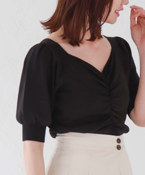 archives（アルシーヴ）の「フロントギャザー半袖ニット（ニット/セーター・レディース・アイボリー/ラベンダー/ブルー/ブラック・MEDIUM）」の3枚目の写真