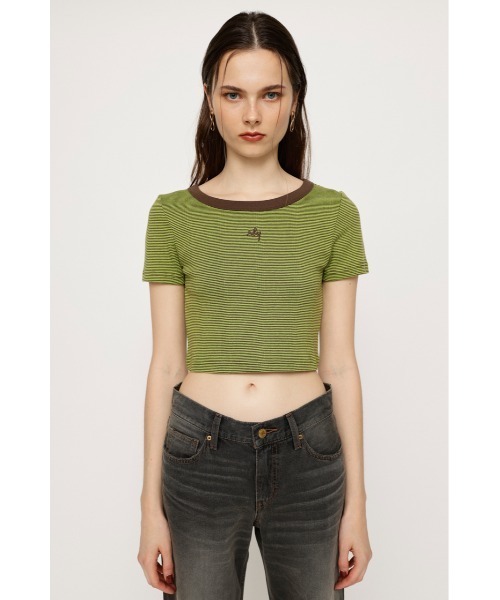 ★ ★定番SLIM CROPPED リブ クロップ丈 ロゴ シャツ MIU MIU (ミュウミュウ) リブコットン ロゴパッチ クロップドT