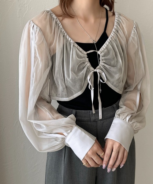 apres jour clair（アプレジュールクレア）の「【apres jour clair】チュールショートブラウス【ZOZOTOWN限定アイテム】（シャツ/ブラウス・レディース・アイボリー/ブラック/ブルー・X-LARGE/フリー）」の5枚目の写真