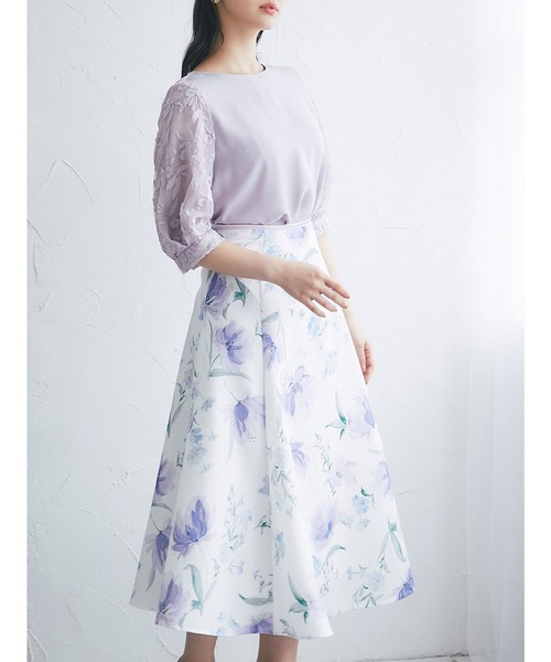 tocco closet(トッコ クローゼット)の「ウエスト配色ライン入りフラワープリントフレアスカート(スカート・レディース・ピンク/ラベンダー・M)」の6枚目の写真
