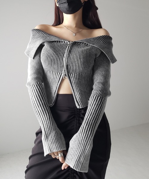 me+em select(ミームセレクト)の「【 3color 】ダブルジップスリットオフショルリブニット(ニット/セーター・レディース・ブラック/ネイビー/グレー・FREE/LARGE)」の9枚目の写真