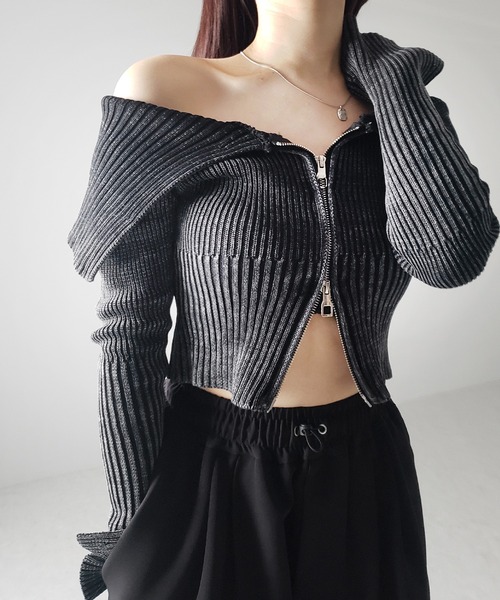 me+em select(ミームセレクト)の「【 3color 】ダブルジップスリットオフショルリブニット(ニット/セーター・レディース・ブラック/ネイビー/グレー・FREE/LARGE)」の13枚目の写真