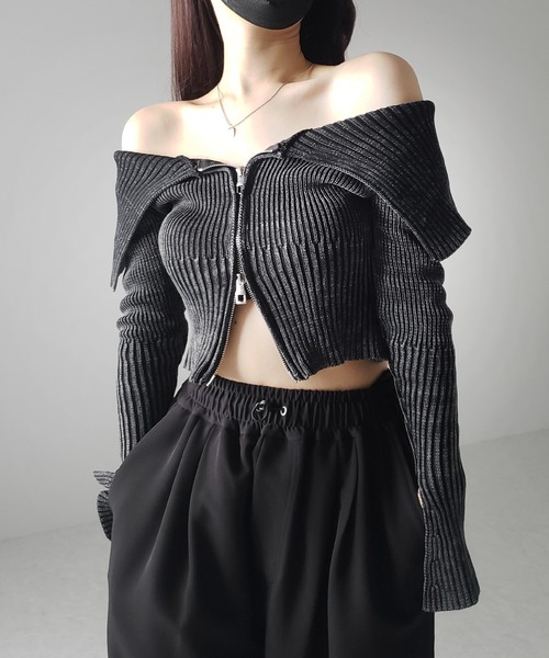 me+em select(ミームセレクト)の「【 3color 】ダブルジップスリットオフショルリブニット(ニット/セーター・レディース・ブラック/ネイビー/グレー・FREE/LARGE)」の14枚目の写真