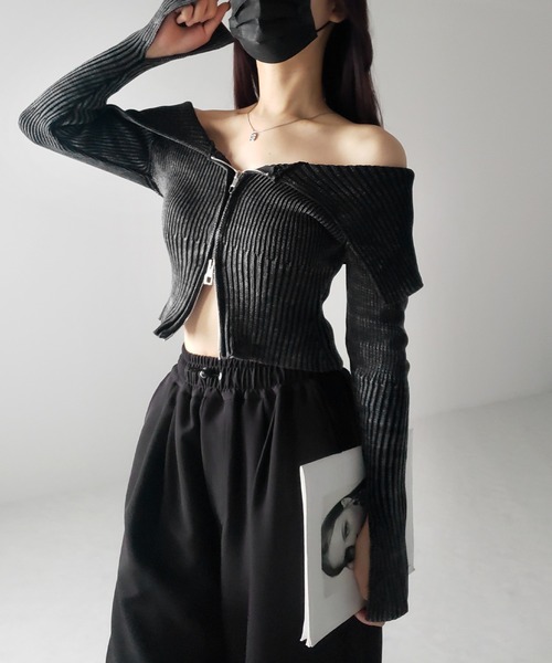 me+em select(ミームセレクト)の「【 3color 】ダブルジップスリットオフショルリブニット(ニット/セーター・レディース・ブラック/ネイビー/グレー・FREE/LARGE)」の12枚目の写真