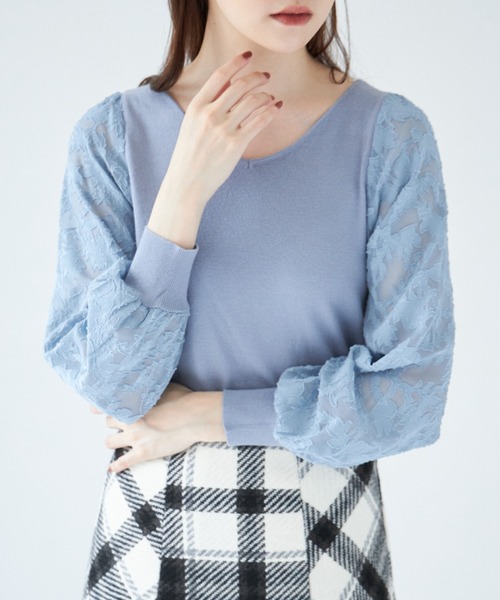 tocco closet（トッコ　クローゼット）の「前後２ＷＡＹシアージャガード切替マシュマロタッチニットプルオーバー（ニット/セーター・レディース・ブラック/パープル/オフホワイト/ブルー・M）」の14枚目の写真