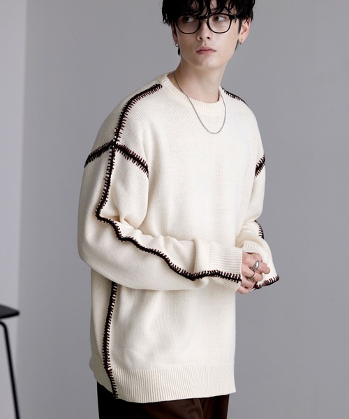 MONO-MART（モノマート）の「ハンドステッチルーズクルーネックニット（ニット/セーター・メンズ・アイボリー/ブルー/ブルーグリーン/ブラック/チャコール・M/L）」の20枚目の写真