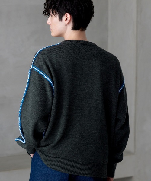MONO-MART（モノマート）の「ハンドステッチルーズクルーネックニット（ニット/セーター・メンズ・アイボリー/ブルー/ブルーグリーン/ブラック/チャコール・M/L）」の7枚目の写真