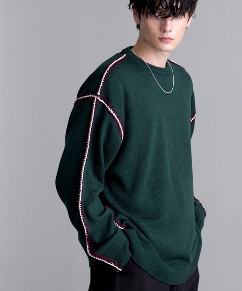 MONO-MART（モノマート）の「ハンドステッチルーズクルーネックニット（ニット/セーター・メンズ・アイボリー/ブルー/ブルーグリーン/ブラック/チャコール・M/L）」の9枚目の写真