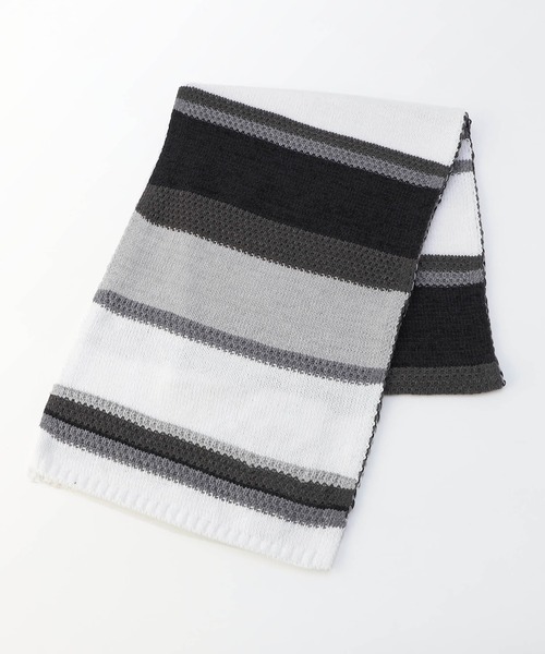HIDEAWAYS NICOLE(ハイダウェイニコル)の「モール編地切替ボーダー柄マフラー(マフラー・メンズ・ネイビー系/ブラック系/ホワイト系・FREE)」の1枚目の写真