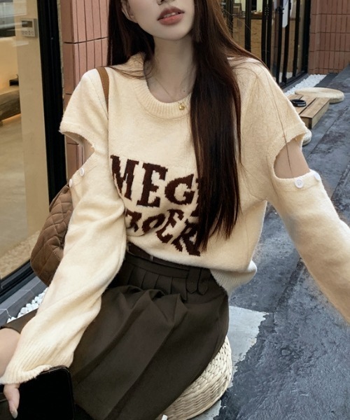 Achic(アシック)の「デザイン ロゴ ニットトップス(Tシャツ/カットソー・レディース・ブラウン系その他/アイボリー/グレー/ブラック・M)」の2枚目の写真