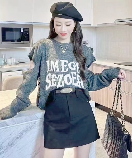 Achic(アシック)の「デザイン ロゴ ニットトップス(Tシャツ/カットソー・レディース・ブラウン系その他/アイボリー/グレー/ブラック・M)」の5枚目の写真