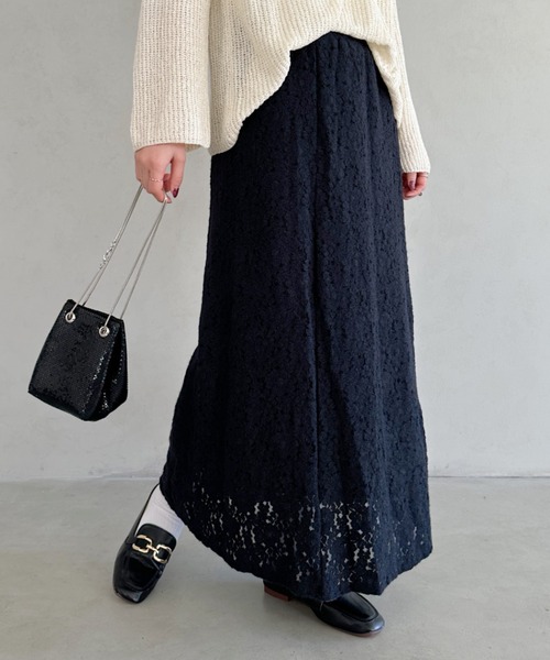 un+frame（アンフレーム）の「lace narrow long skiit／レースナローロングスカート（スカート・レディース・ブラック/ベージュ・FREE）」の6枚目の写真