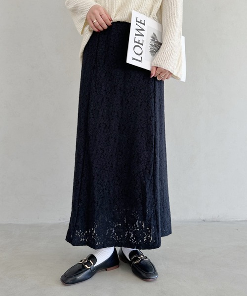 un+frame（アンフレーム）の「lace narrow long skiit／レースナローロングスカート（スカート・レディース・ブラック/ベージュ・FREE）」の3枚目の写真