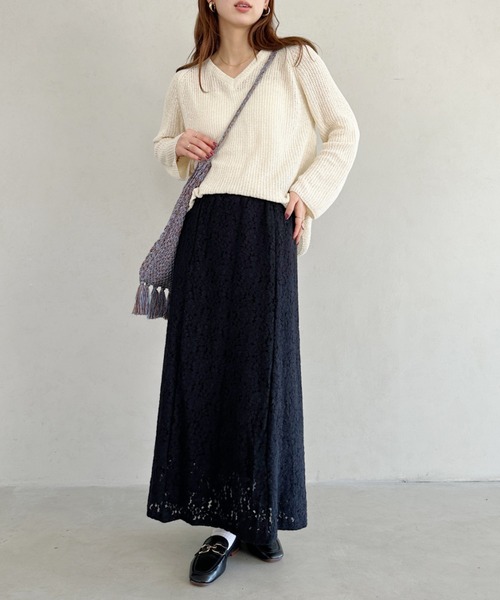 un+frame（アンフレーム）の「lace narrow long skiit／レースナローロングスカート（スカート・レディース・ブラック/ベージュ・FREE）」の8枚目の写真