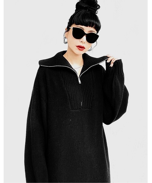 LVEU.(ラブユ.)の「【LVEU.】ハーフジップニットロングワンピース(Ai select) / ワンピース ワンピ ハーフジップ ロング丈 オーバーサイズ ブラック(ワンピース・レディース・ブラック・FREE)」の3枚目の写真