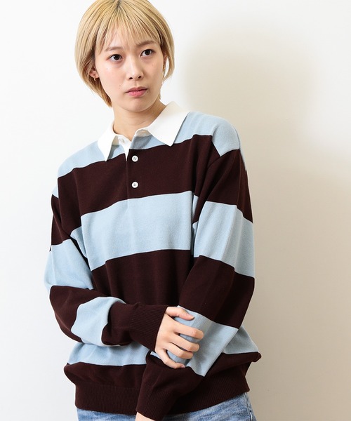 BEAMS（ビームス）の「BEAMS / 7ゲージ ボーダー ラガー ニットポロシャツ（ポロシャツ・メンズ・オリーブ/ブラウン・M/L/XL/S）」の16枚目の写真