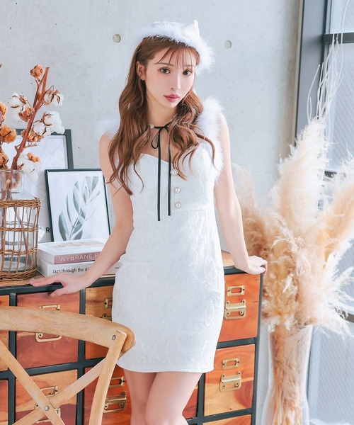 ネックリボンふわふわフェイクファー付き総レースタイトサンタコスプレドレス サンタコス 2点set（コスチューム/パーティーグッズ）｜Tika（ティカ） 7,869円