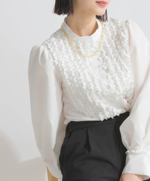 PICCIN（ピッチン）の「タック袖フリルブラウス（シャツ/ブラウス・レディース・オフホワイト/ブラック・M）」の2枚目の写真