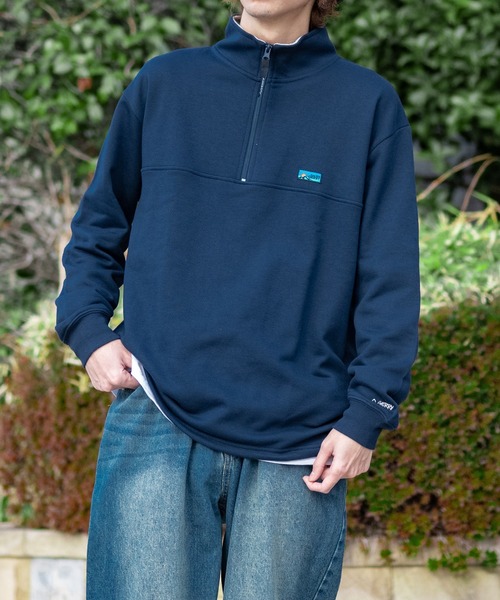 ネイビー ハーフジップ スウェットシャツ WASSUP（WASSUP）（メンズ）ハーフジップ クルーネックスウェット