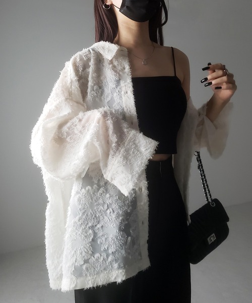 me+em select（ミームセレクト）の「※※【 ４color 】フラワージャガードフリンジシアーシャツ（シャツ/ブラウス・レディース・ピンク/ブラック/アイボリー/グレー・FREE）」の8枚目の写真