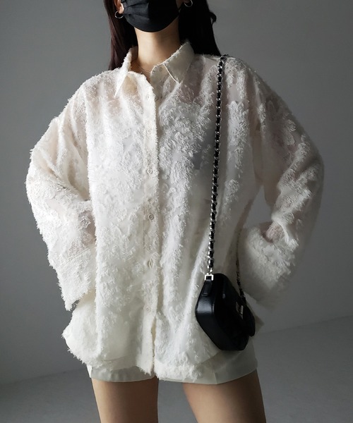 ALLSAINTS シアーな生地にフラワープリントロングスリーブシャツ美品 セール】※※【 4color 】フラワージャガードフリンジシアー