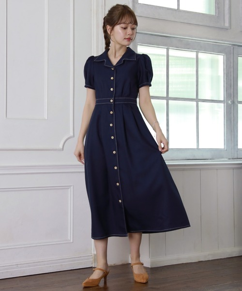 Cheek（チーク）の「半袖開襟シャツワンピース（シャツワンピース・レディース・ミント/ネイビー/オレンジ/ブルー・MEDIUM）」の3枚目の写真