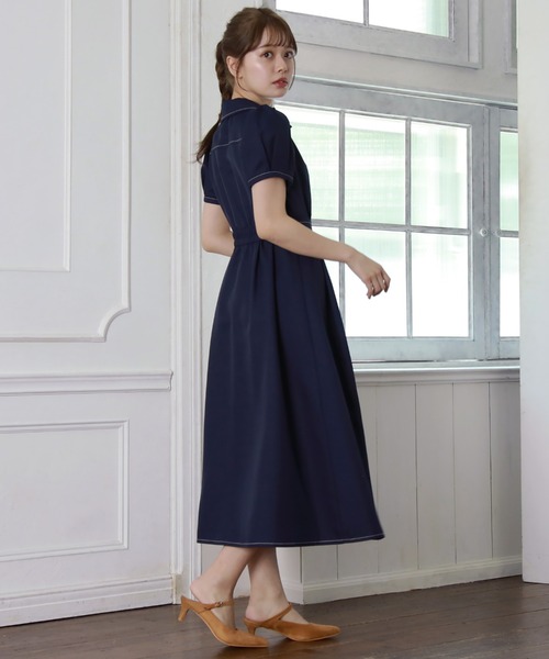 Cheek（チーク）の「半袖開襟シャツワンピース（シャツワンピース・レディース・ミント/ネイビー/オレンジ/ブルー・MEDIUM）」の21枚目の写真