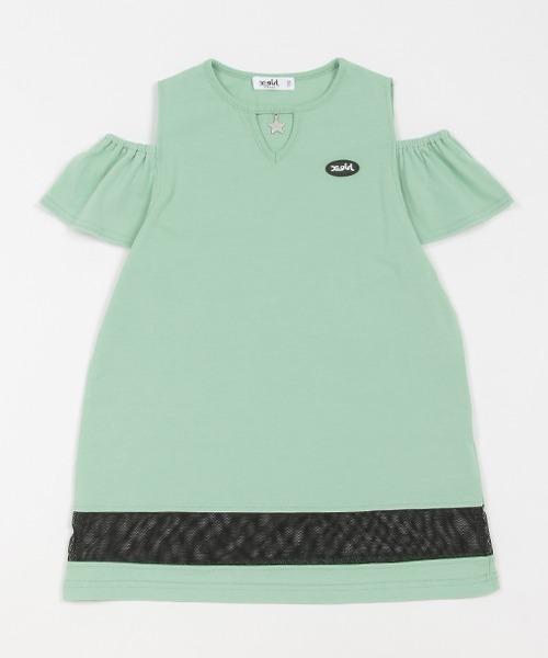 X-girl Stages（エックスガールステージス）の「衿チャームつき肩開きメッシュ切替ワンピース（ワンピース・キッズ・ブラック/ラベンダー/ミント・100cm/130cm/140cm/120cm/90cm/110cm）」の2枚目の写真