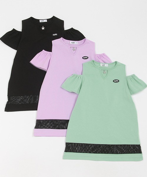 X-girl Stages（エックスガールステージス）の「衿チャームつき肩開きメッシュ切替ワンピース（ワンピース・キッズ・ブラック/ラベンダー/ミント・100cm/130cm/140cm/120cm/90cm/110cm）」の7枚目の写真