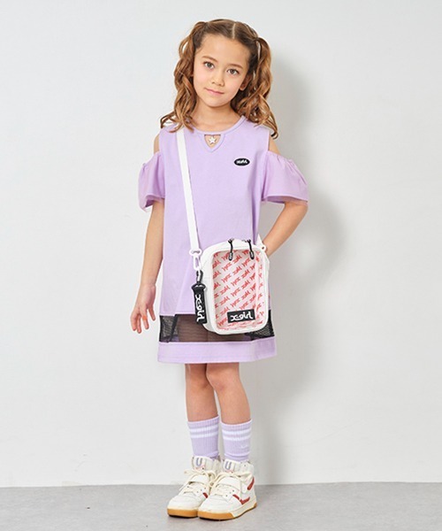 X-girl Stages（エックスガールステージス）の「衿チャームつき肩開きメッシュ切替ワンピース（ワンピース・キッズ・ブラック/ラベンダー/ミント・100cm/130cm/140cm/120cm/90cm/110cm）」の4枚目の写真